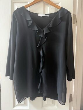 Calvin Klein Black Ruffle V-Neck Blouse Plus Size 1X Chiffon Workwear Top